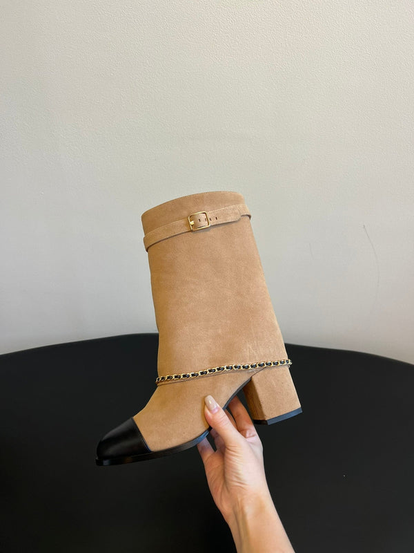 CC Short Boots Dark Beige With Chain Suede And Cowhide 944965