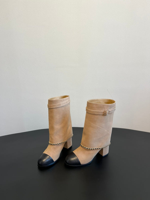 CC Short Boots Dark Beige With Chain Suede And Cowhide 944965