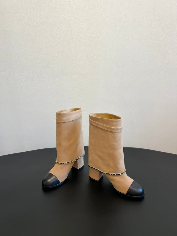 CC Short Boots Dark Beige With Chain Suede And Cowhide 944965