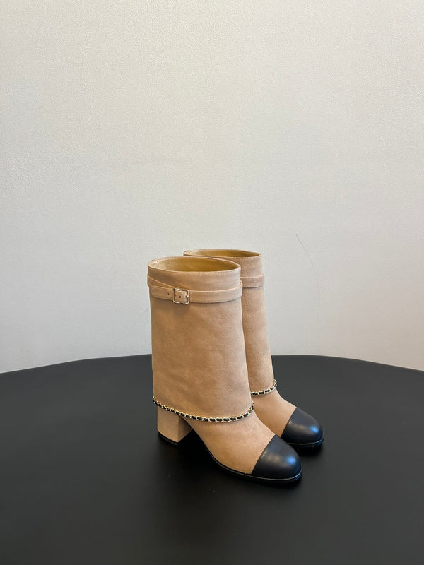 CC Short Boots Dark Beige With Chain Suede And Cowhide 944965