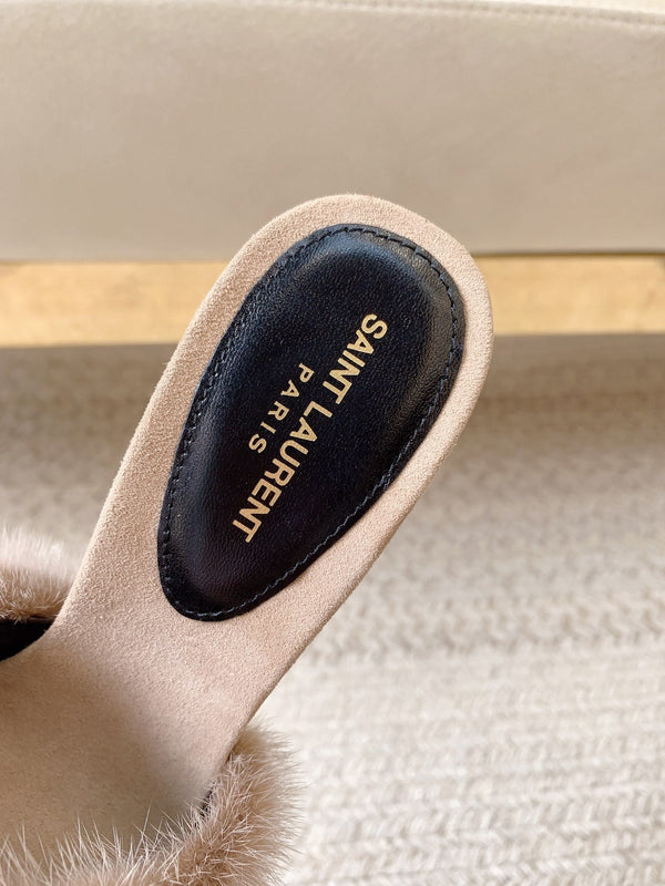 MULES CON TACCO LA 16 IN PELLICCIA DI LAPIN BEIGE E PELLE DI AGNELLO LISCIA