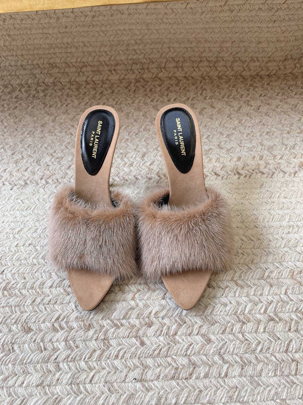 MULES CON TACCO LA 16 IN PELLICCIA DI LAPIN BEIGE E PELLE DI AGNELLO LISCIA
