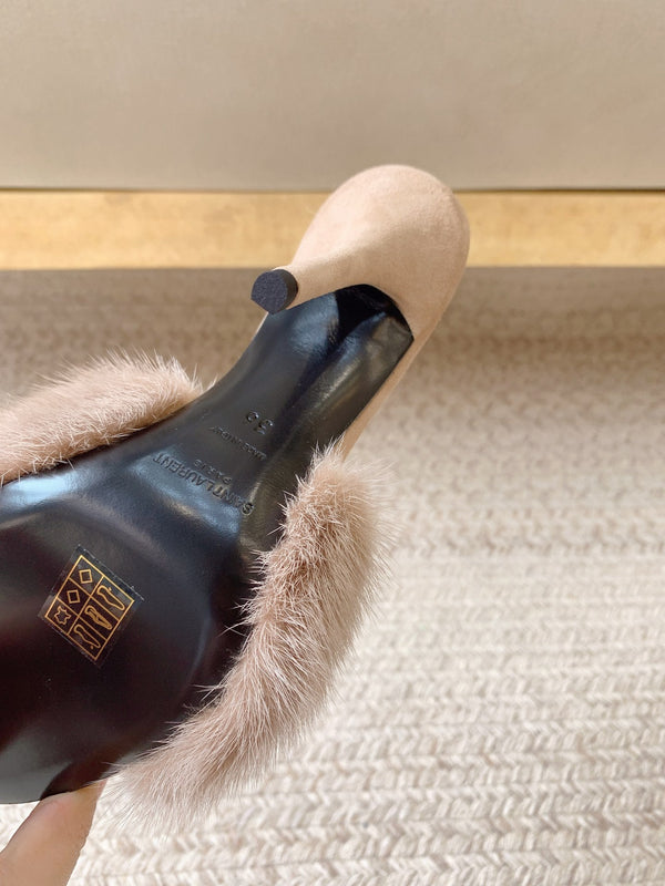 MULES CON TACCO LA 16 IN PELLICCIA DI LAPIN BEIGE E PELLE DI AGNELLO LISCIA