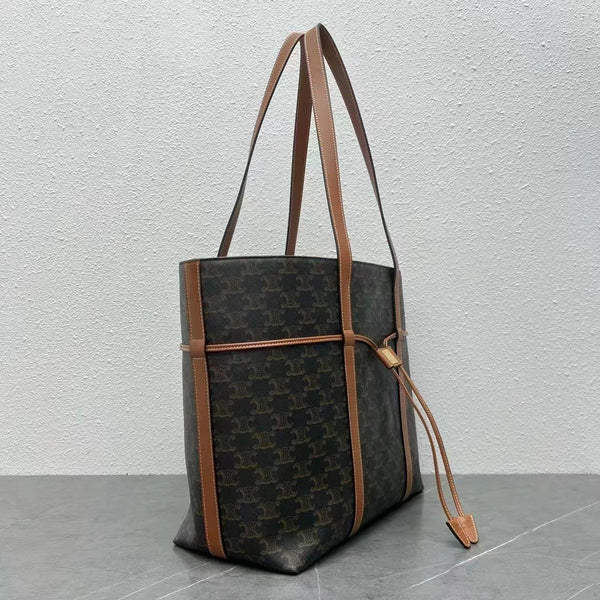 Celine Cabas Drawstring Bag Triomphe Black Brown Canvas & Calfskin