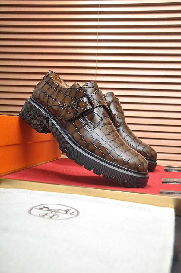 HM MONK STRAP CARAMEL WITH CROCODILE MOTIF CALFSKIN