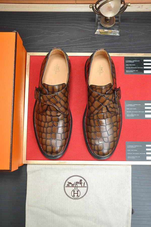 HM MONK STRAP CARAMEL WITH CROCODILE MOTIF CALFSKIN