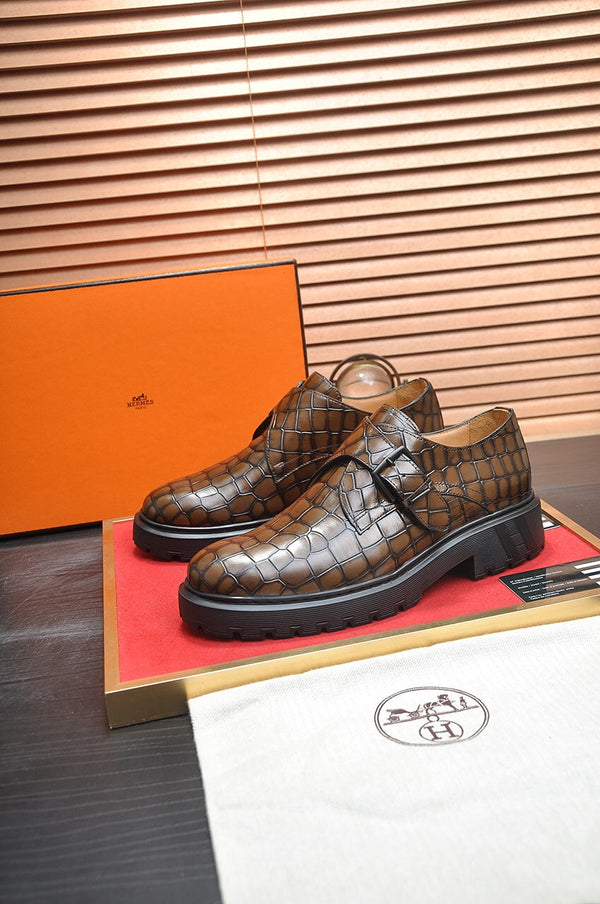 HM MONK STRAP CARAMEL WITH CROCODILE MOTIF CALFSKIN