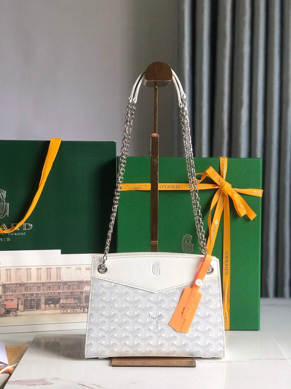 MINI BORSA ROUETTE STRUTTURATA 21 IN TELA GOYARDINE BIANCA E PELLE DI VITELLO