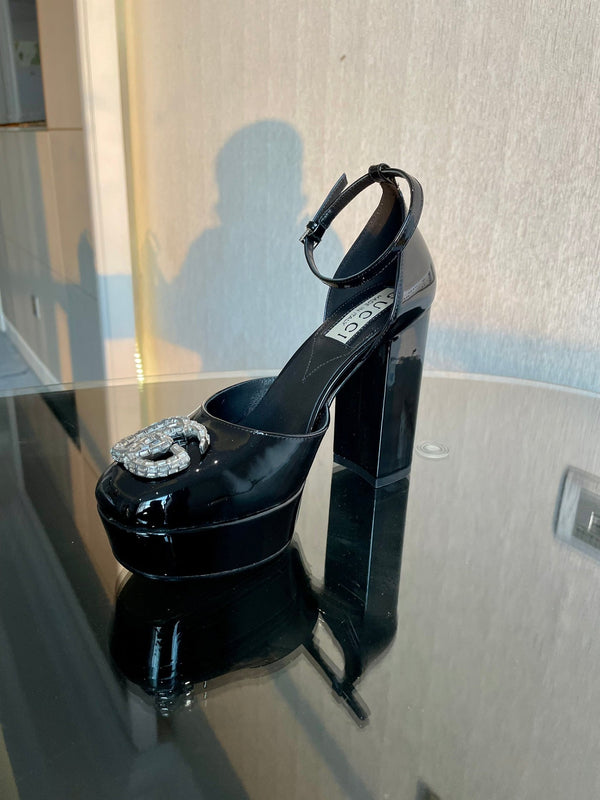 platform pump 12cm with double g black patent leather