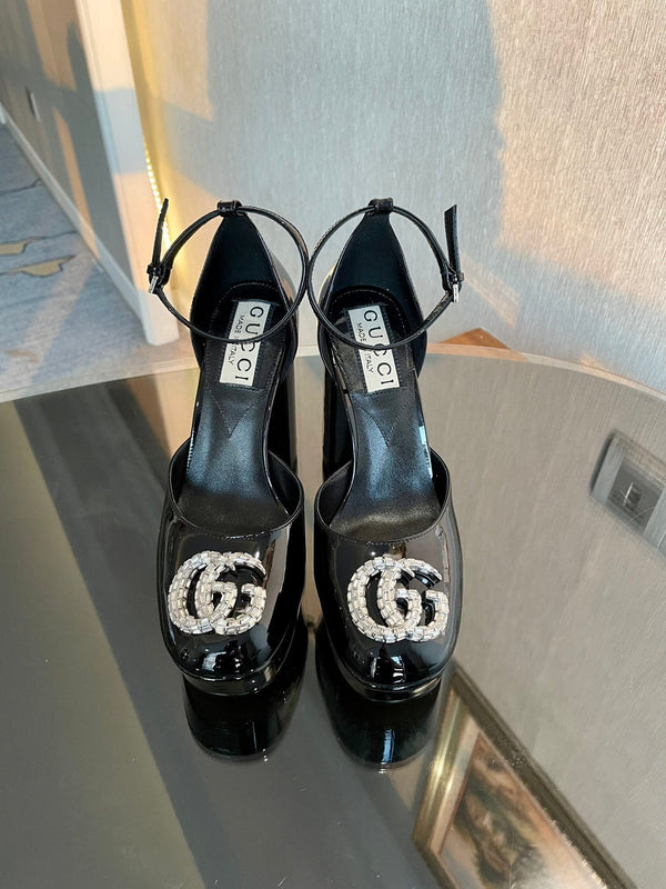 platform pump 12cm with double g black patent leather