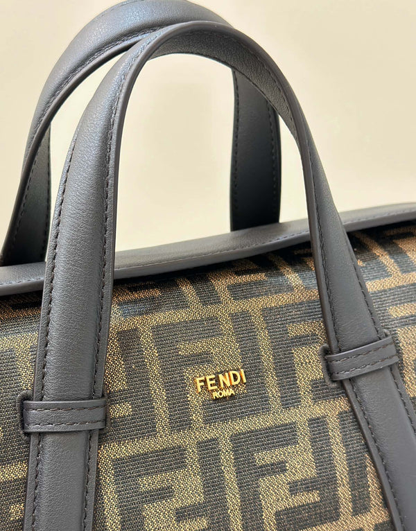 BORSA FENDI 27 IN TESSUTO JACQUARD MARRONE MIX NERO CON PELLE DI VITELLO