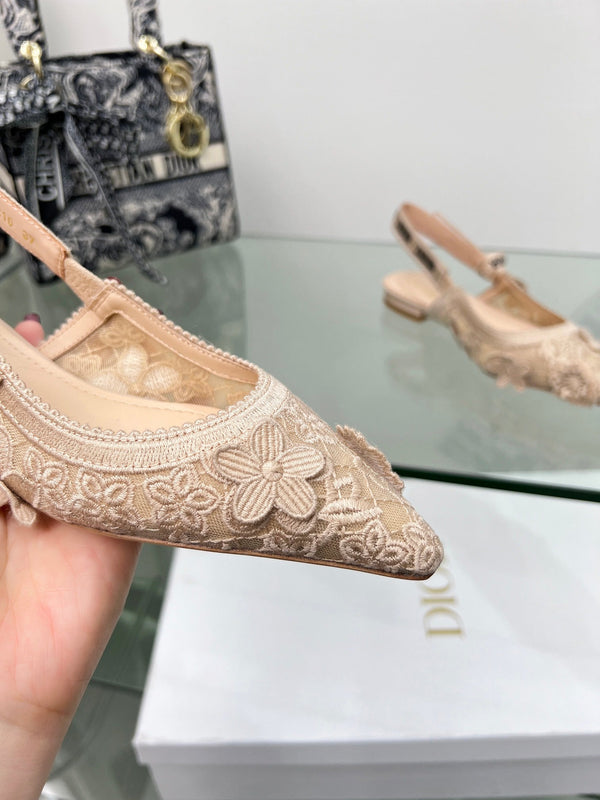 J'Adior Slingback Pump In Beige Floral Embroidered Lace Fabric 100840