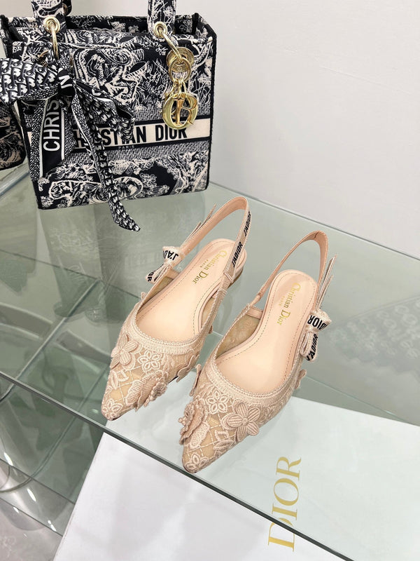 J'Adior Slingback Pump In Beige Floral Embroidered Lace Fabric 100840