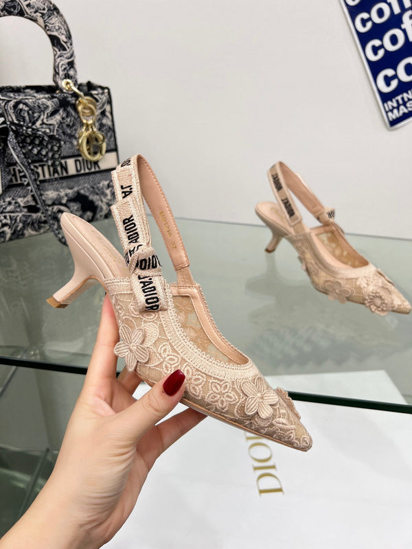 J'Adior Slingback Pump 65mm In Beige Floral Embroidered Lace Fabric 100841