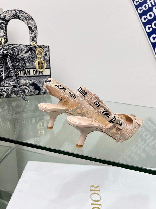 J'Adior Slingback Pump 65mm In Beige Floral Embroidered Lace Fabric 100841