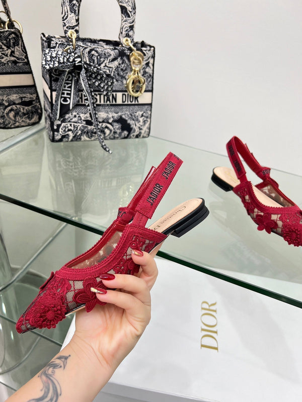 J'Adior Slingback Pump In Red Floral Embroidered Lace Fabric 100844