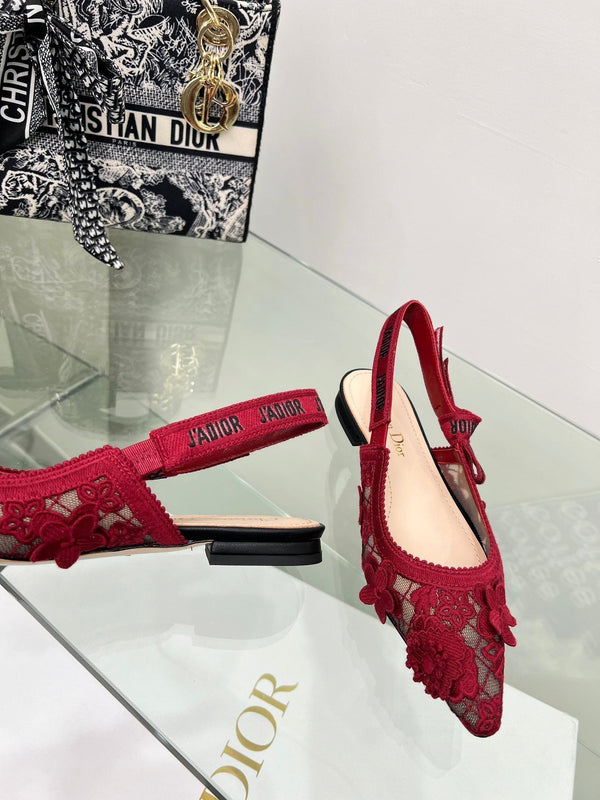 J'Adior Slingback Pump In Red Floral Embroidered Lace Fabric 100844
