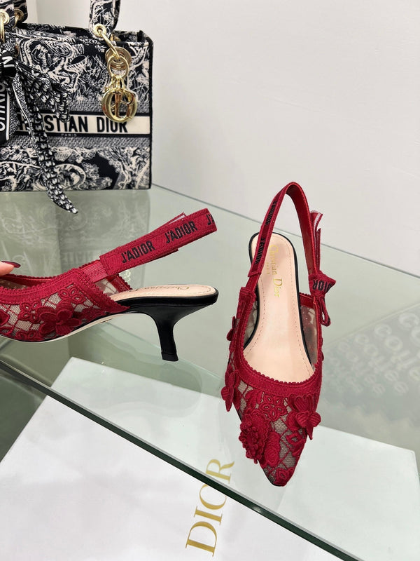 J'Adior Slingback Pump 65mm In Red Floral Embroidered Lace Fabric 100845