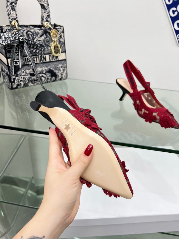J'Adior Slingback Pump 65mm In Red Floral Embroidered Lace Fabric 100845