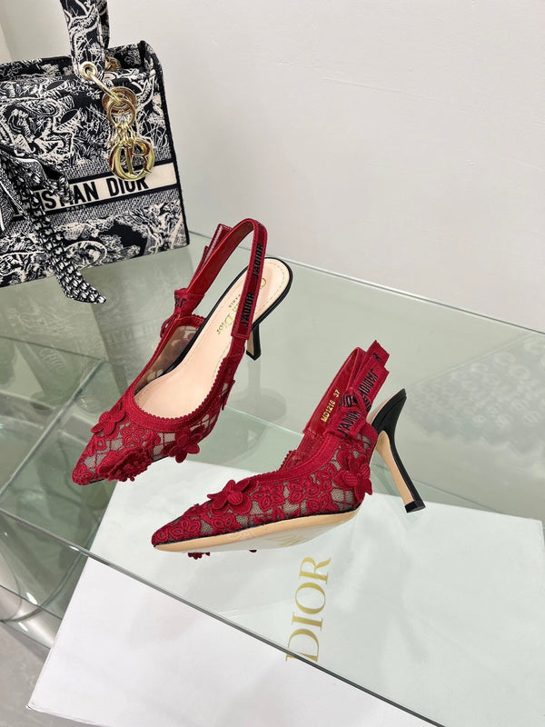 J'Adior Slingback Pump 95mm In Red Floral Embroidered Lace Fabric 100846