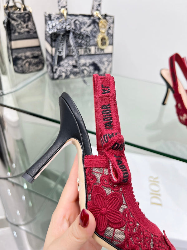 J'Adior Slingback Pump 95mm In Red Floral Embroidered Lace Fabric 100846