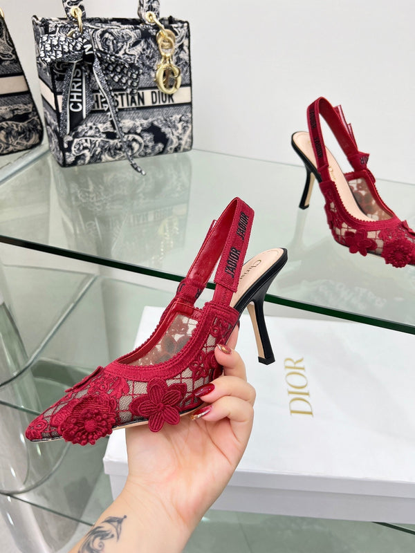 J'Adior Slingback Pump 95mm In Red Floral Embroidered Lace Fabric 100846