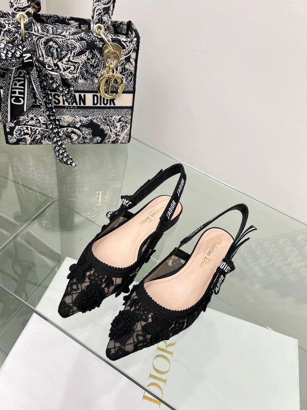 J'Adior Slingback Pump In Black Floral Embroidered Lace Fabric 100848