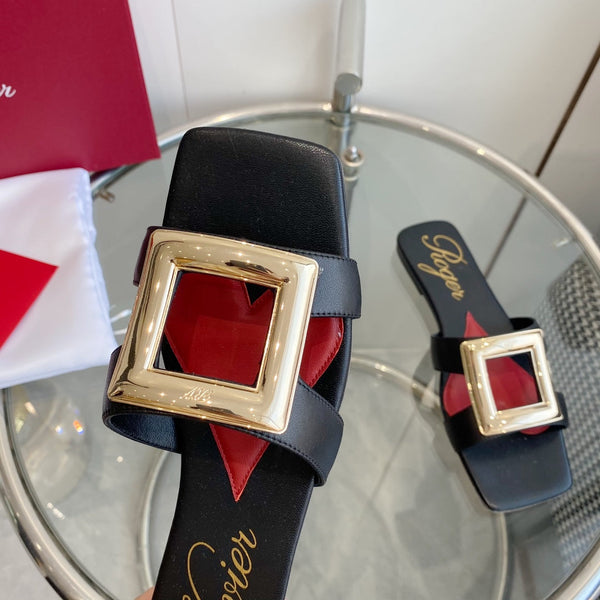 Viv Love Heart Slippers Black Fetal Cowhide 255204