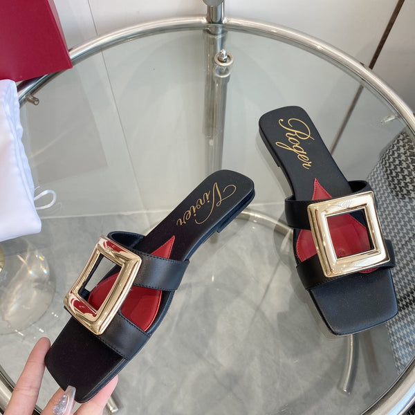 Viv Love Heart Slippers Black Fetal Cowhide 255204