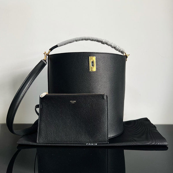 BORSA A SECCHIELLO IN LANA NERA 24 ORIGINALE PELLE DI VITELLO