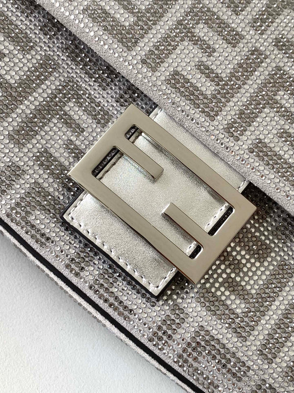 Fend Baguette 27 Bag Silver Leather with Crystal FF Motif Shw