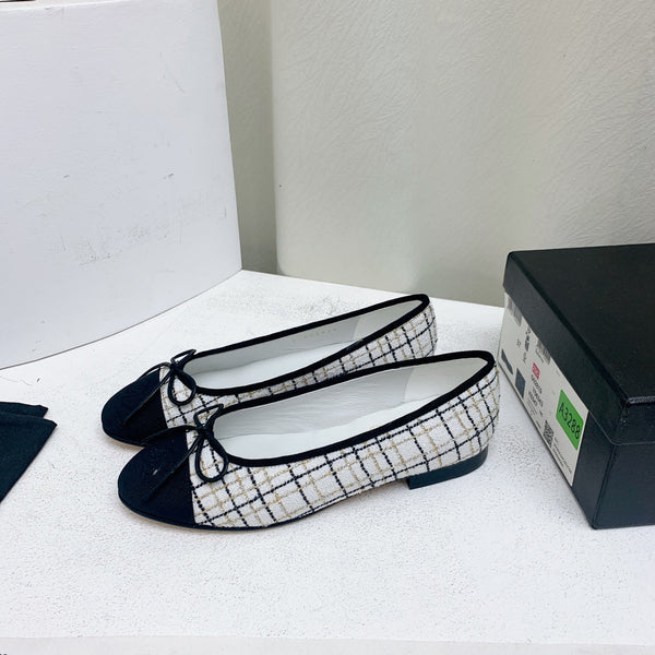 ballet flat white black tweed grosgrain