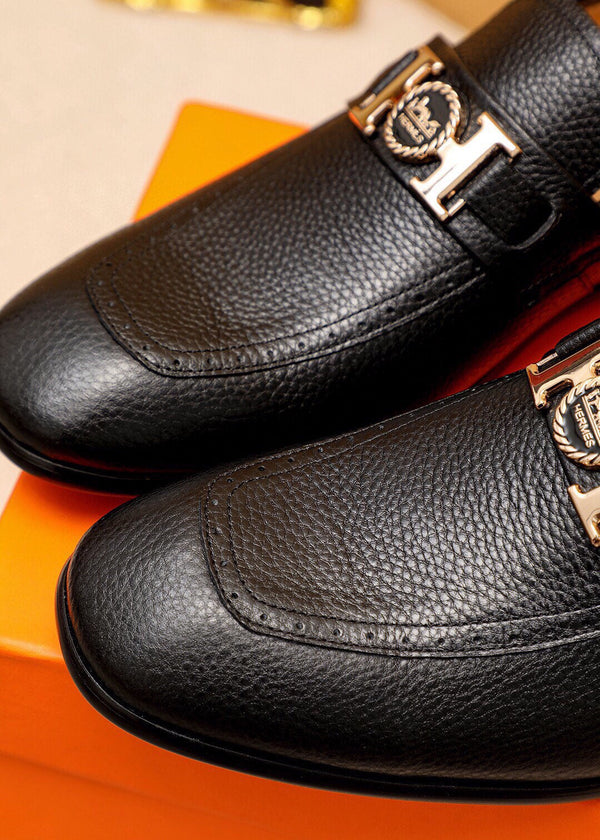 HM GOLD H-BUCKLE LOAFER BLACK GRAINED CALFSKIN