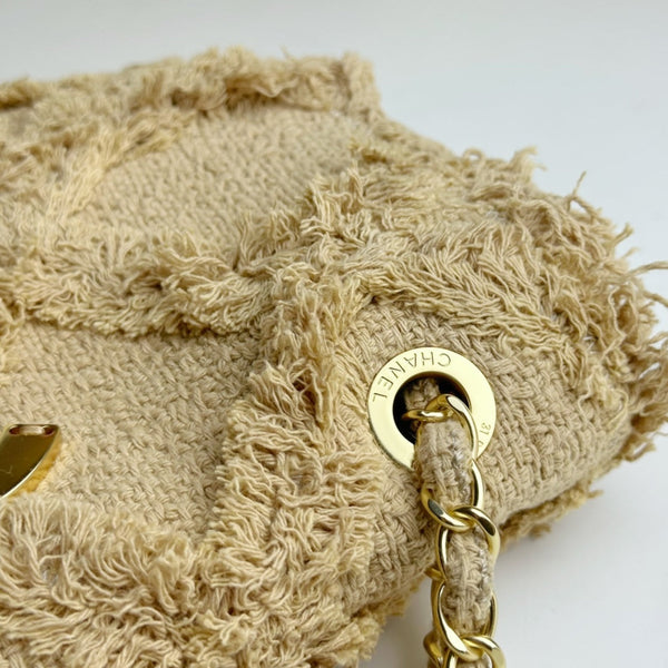 Borsa classica con patta 27 cm in lino intrecciato beige