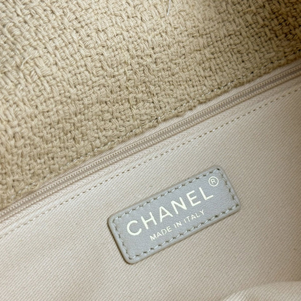 Borsa classica con patta 27 cm in lino intrecciato beige