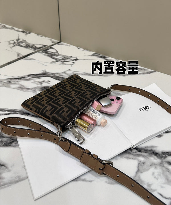 SHOULDER BAG 19 WITH FF MOTIF IN BROWN JACQUARD FABRIC