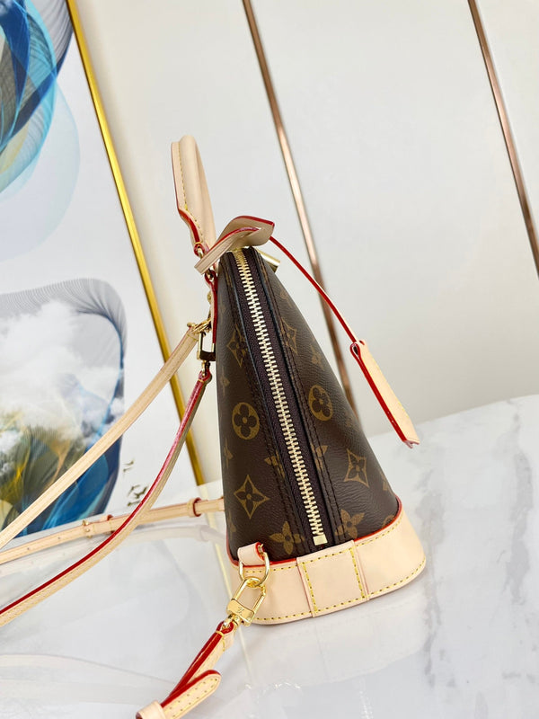 ALMA BACKPACK 20 IN BROWN MONOGRAM CANVAS AND BEIGE CALFSKIN TRIM GOLD BUCKLE