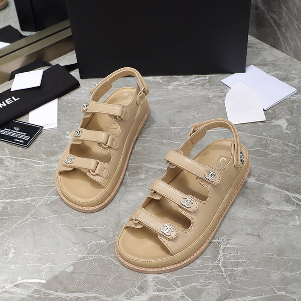 dad sandal beige calfskin silver cc