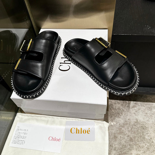CHLOÉ DAD SANDALS IN BLACK CALFSKIN WITH GOLD HARDWARE