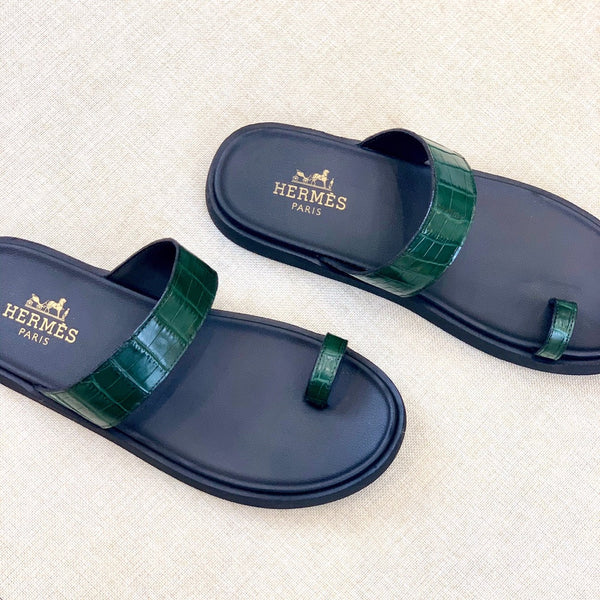 HM Men's Open-toe Sandals Green Rubber Sheepskin 561658