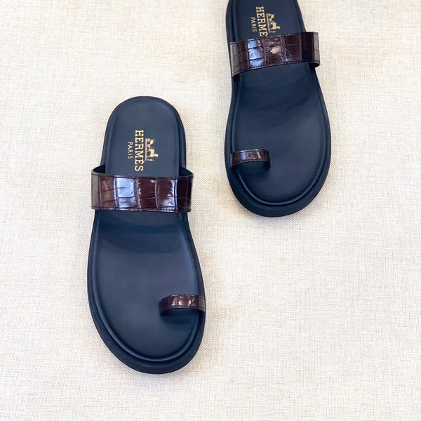 HM Men's Open-toe Sandals Brown Rubber Sheepskin 561659