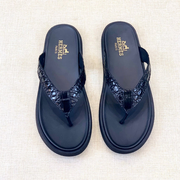 HM Men's Thong Sandals Black Rubber Sheepskin 561664