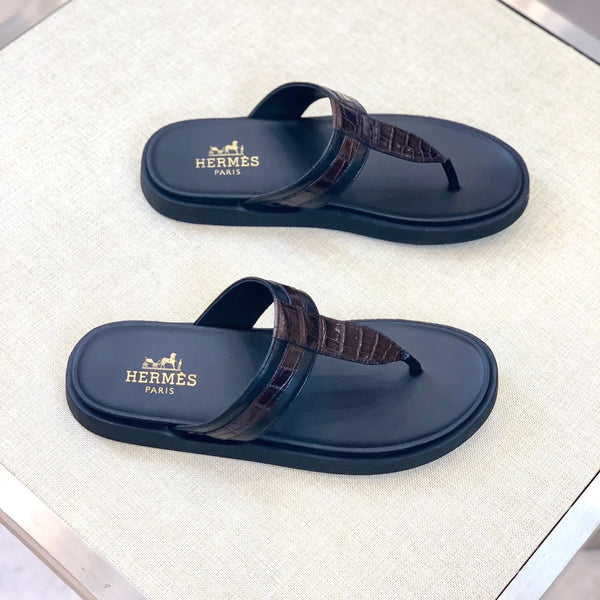 HM Men's Thong Sandals Brown Black Rubber Sheepskin 561666