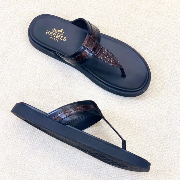 HM Men's Thong Sandals Brown Black Rubber Sheepskin 561666