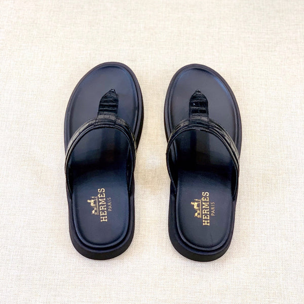HM Men's Thong Sandals Black Rubber Sheepskin 561667