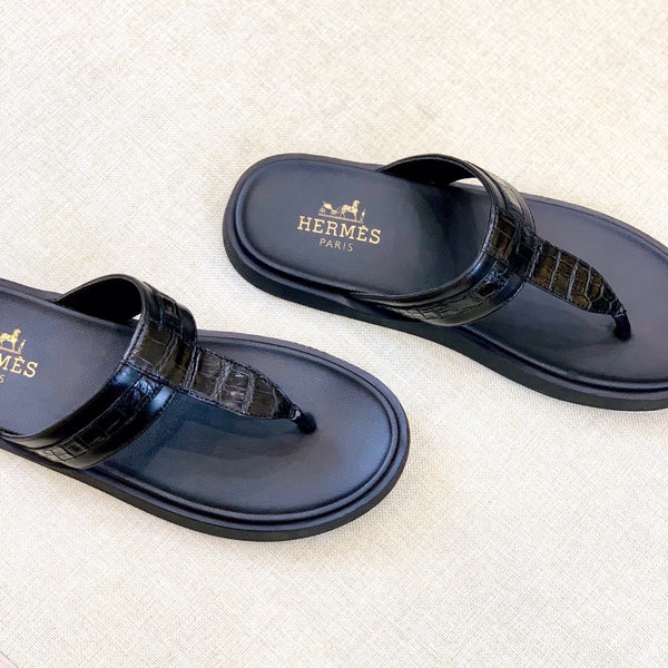 HM Men's Thong Sandals Black Rubber Sheepskin 561667