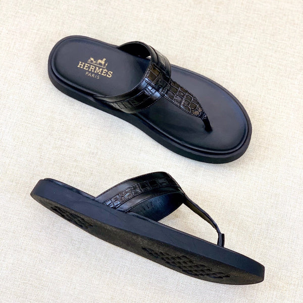 HM Men's Thong Sandals Black Rubber Sheepskin 561667
