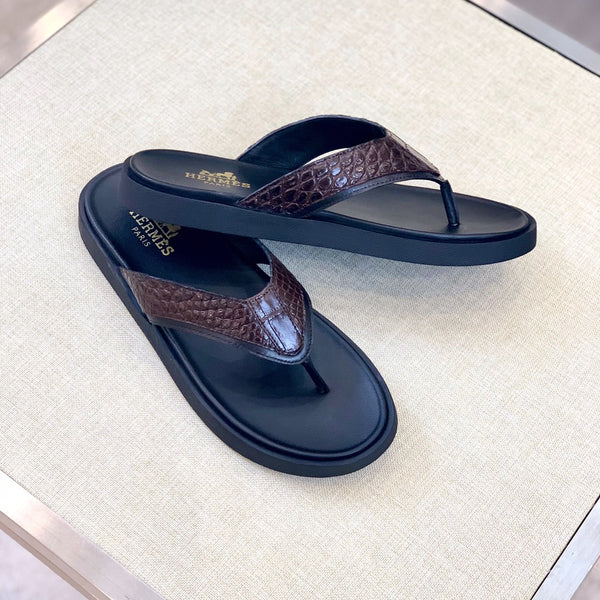 HM Men's Thong Sandals Brown Rubber Sheepskin 561669