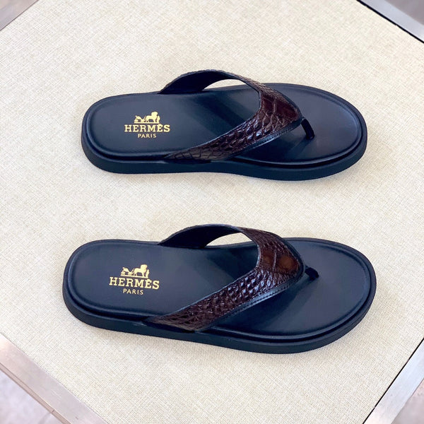 HM Men's Thong Sandals Brown Rubber Sheepskin 561669