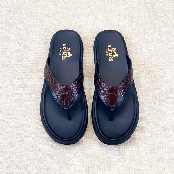 HM Men's Thong Sandals Brown Rubber Sheepskin 561669